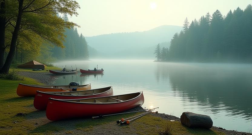 A serene view of a lakeside campsite with canoes and fishing rods