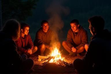 Campers sharing stories around a fire, signifying community